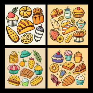 Bakery and Pastry Set with Bread, Muffins, Cupcakes and Sweet Treats Vector Illustration