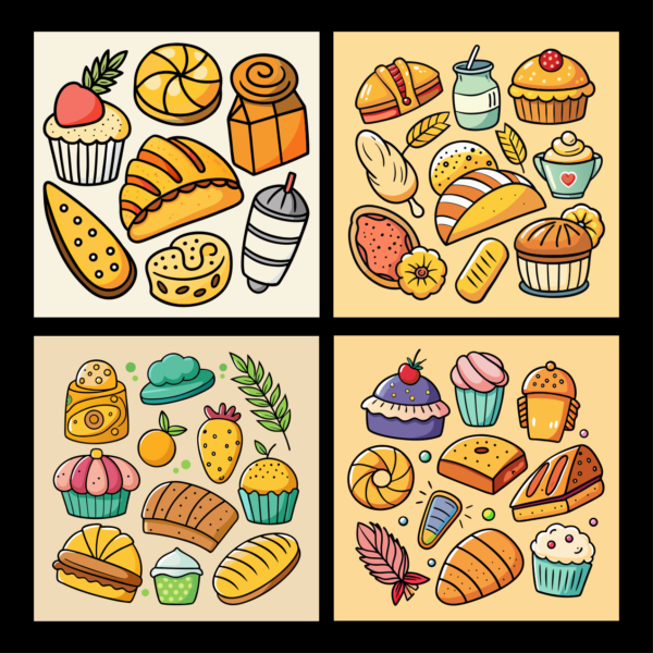 Bakery and Pastry Set with Bread, Muffins, Cupcakes and Sweet Treats Vector Illustration