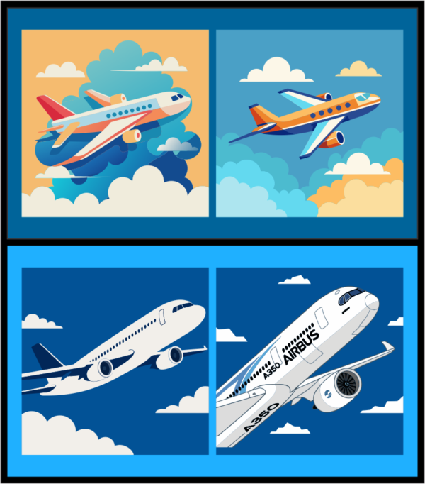 Commercial Airbus & Airplane Flying in Sky Vector Set