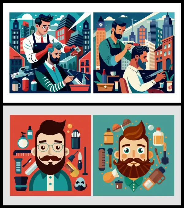 Barber Shop & Men's Hair Salon Vector Illustration Set