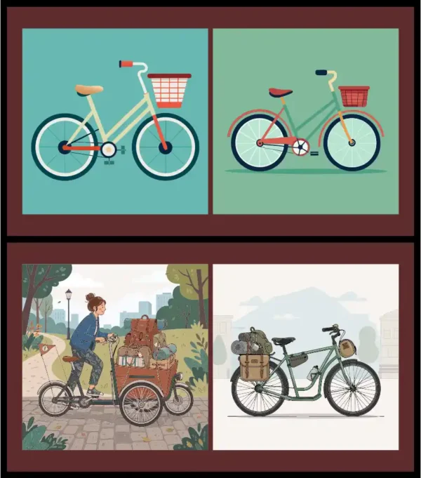Vintage & Modern Bicycle with Cargo Vector Illustration Set