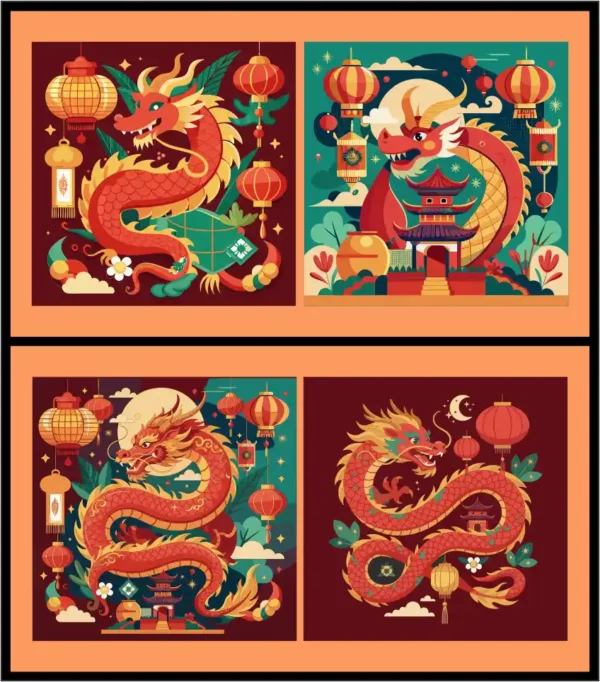 Chinese New Year Dragon & Festive Lanterns Vector Set