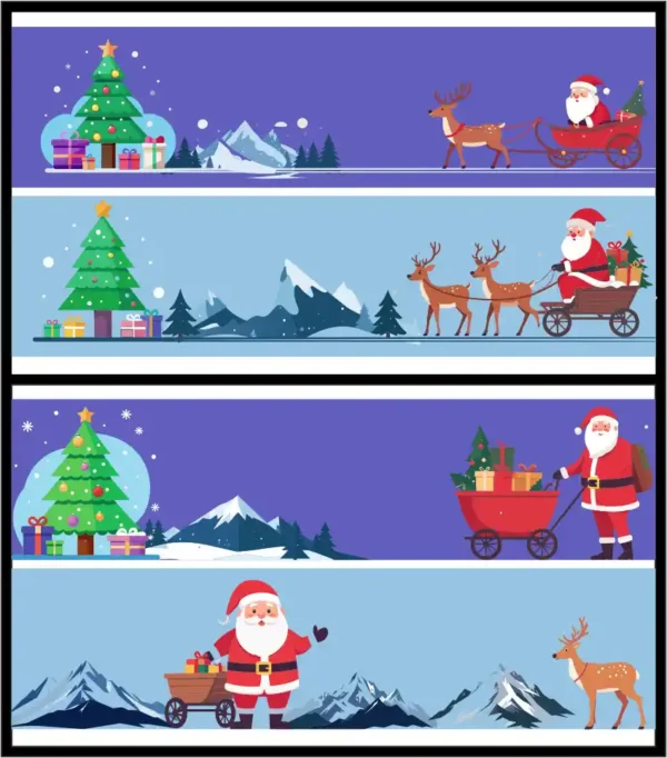 Santa Claus & Reindeer Christmas Horizontal Banner Vector Set