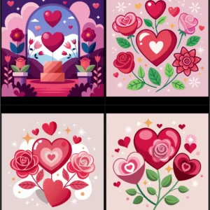 Valentine Day Love Heart Rose Flower Vector Illustration Set