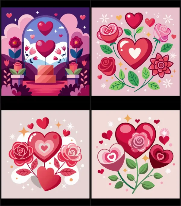 Valentine Day Love Heart Rose Flower Vector Illustration Set