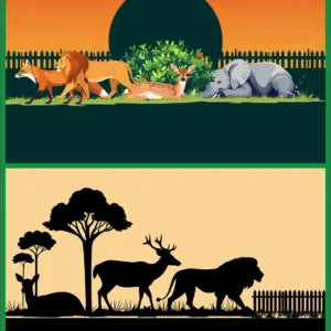 Wild Animals Sunset Landscape Vector Silhouette Background Set