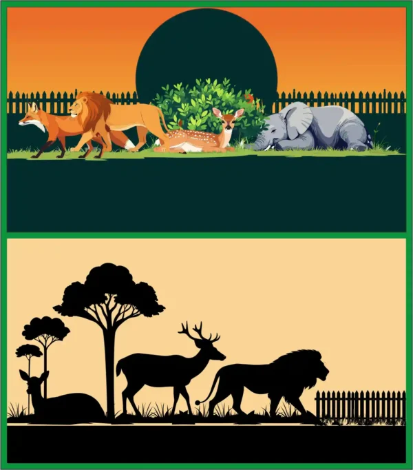 Wild Animals Sunset Landscape Vector Silhouette Background Set