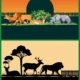 Wild Animals Sunset Landscape Vector Silhouette Background Set