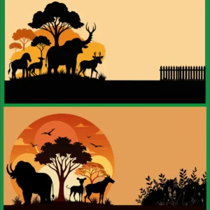 Wild Animals Safari Sunset Silhouette Background Vector Banner Set