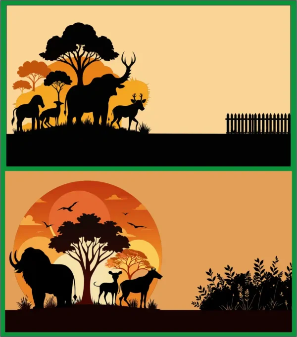 Wild Animals Safari Sunset Silhouette Background Vector Banner Set