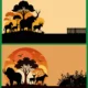 Wild Animals Safari Sunset Silhouette Background Vector Banner Set