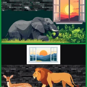 Wild Animals Brick Wall Open Window Sunset Landscape Vector Background Set