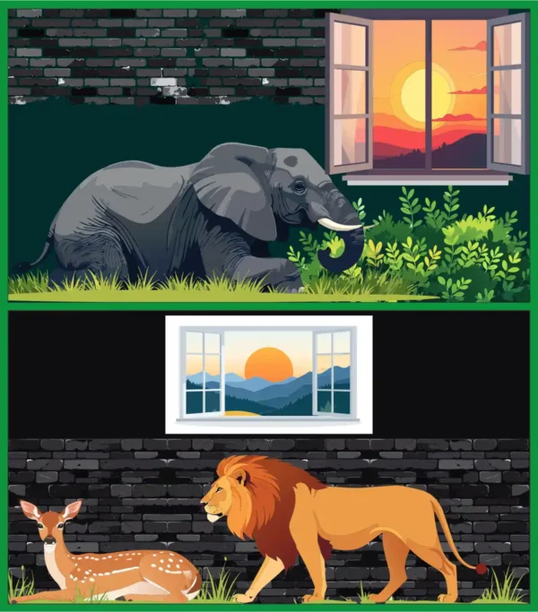 Wild Animals Brick Wall Open Window Sunset Landscape Vector Background Set