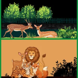 Wild Animals Night Garden and Cute Predators Vector Background Set