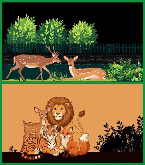 Wild Animals Night Garden and Cute Predators Vector Background Set