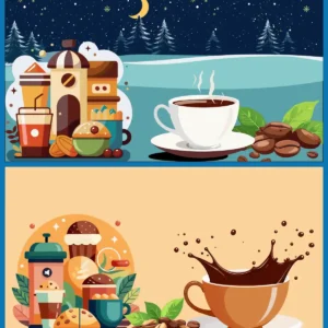 Coffee Shop Icons Splash Cup Beans Commercial Ads Vector Background Set