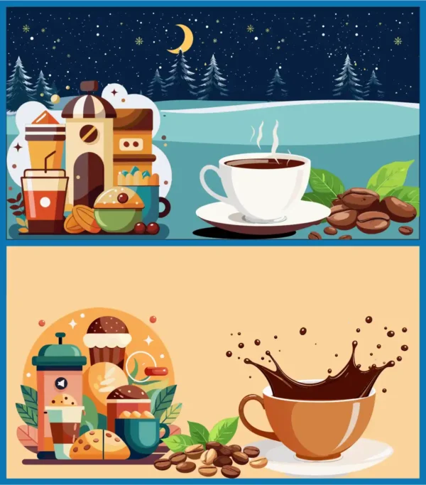Coffee Shop Icons Splash Cup Beans Commercial Ads Vector Background Set