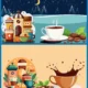 Coffee Shop Icons Splash Cup Beans Commercial Ads Vector Background Set