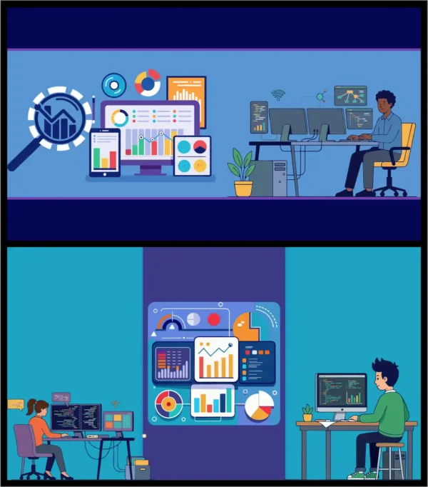 Data Analytics Dashboard Graphs Charts Computer Operators Working Vector Set - 01