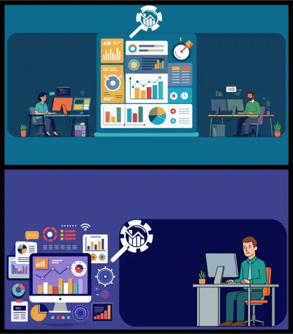 Data Analytics Dashboard Graphs Charts Computer Operators Working Vector Set - 02