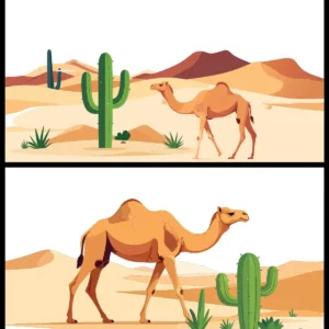 Camel in Desert Landscape Sand Dunes Cactus Vector Background Set - 01