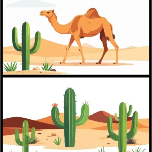 Camel in Desert Landscape Sand Dunes Cactus Vector Background Set - 02
