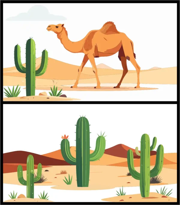 Camel in Desert Landscape Sand Dunes Cactus Vector Background Set - 02