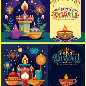 Happy Diwali Festival Lights Diya Lamps Fireworks Greeting Vector Set - 01