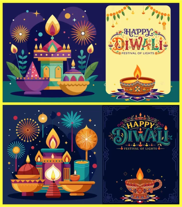 Happy Diwali Festival Lights Diya Lamps Fireworks Greeting Vector Set - 01