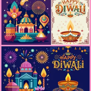 Happy Diwali Festival Lights Diya Lamps Fireworks Greeting Vector Set - 02