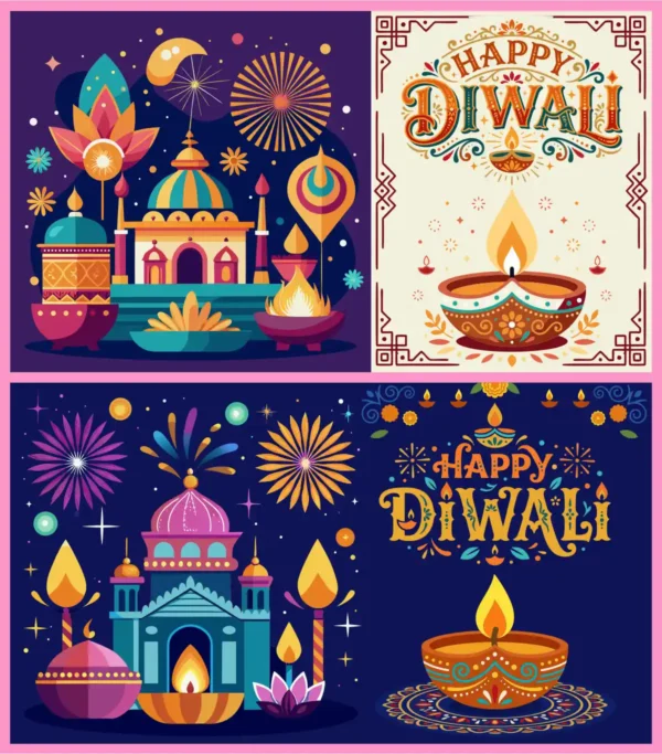 Happy Diwali Festival Lights Diya Lamps Fireworks Greeting Vector Set - 02