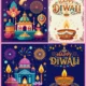 Happy Diwali Festival Lights Diya Lamps Fireworks Greeting Vector Set – 02