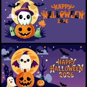 Cute Happy Halloween 2026 Banner Set with Spooky Ghost Pumpkin and Bats Vector Illustrations for Seasonal Marketing Templates - 01