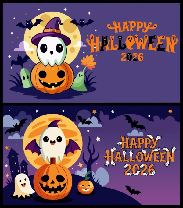 Cute Happy Halloween 2026 Banner Set with Spooky Ghost Pumpkin and Bats Vector Illustrations for Seasonal Marketing Templates - 01