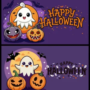 Cute Happy Halloween 2026 Banner Set with Spooky Ghost Pumpkin and Bats Vector Illustrations for Seasonal Marketing Templates - 02