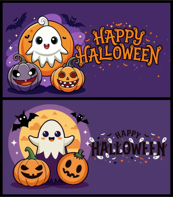 Cute Happy Halloween 2026 Banner Set with Spooky Ghost Pumpkin and Bats Vector Illustrations for Seasonal Marketing Templates - 02