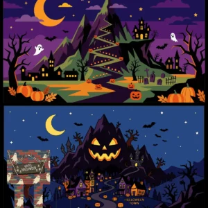 Spooky Halloween Night Landscape Pumpkin Mountain Haunted Castle Town Vector Illustration Banner Set - 01