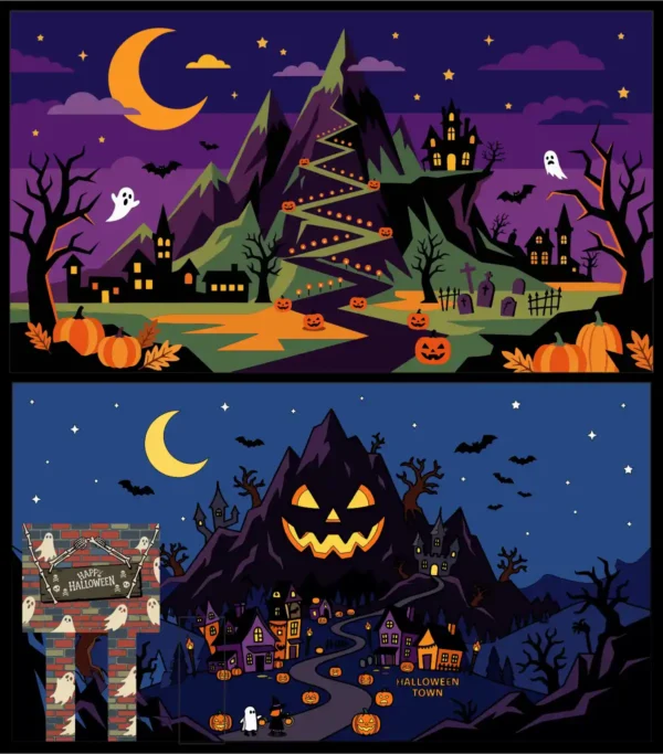 Spooky Halloween Night Landscape Pumpkin Mountain Haunted Castle Town Vector Illustration Banner Set - 01