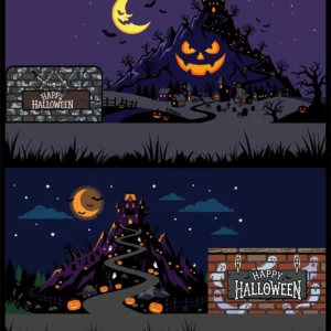 Spooky Halloween Night Landscape Pumpkin Mountain Haunted Castle Town Vector Illustration Banner Set - 02