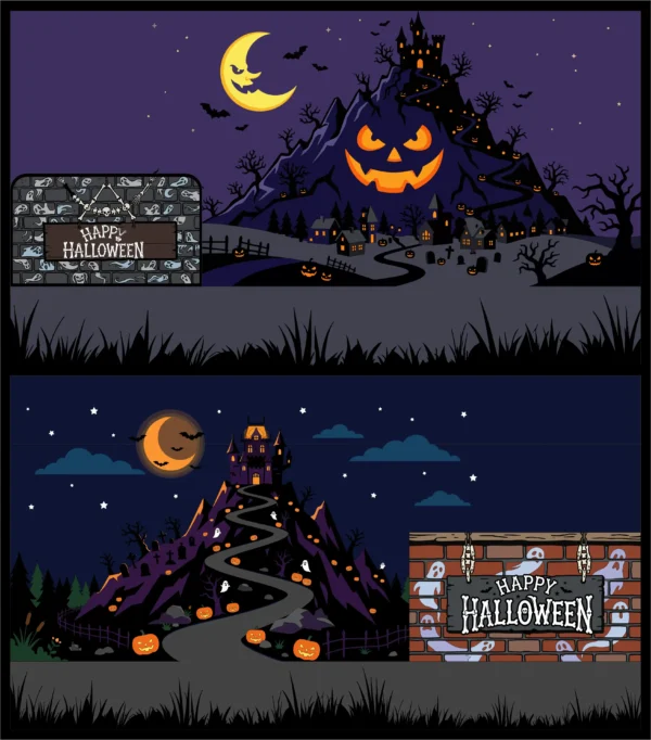 Spooky Halloween Night Landscape Pumpkin Mountain Haunted Castle Town Vector Illustration Banner Set - 02