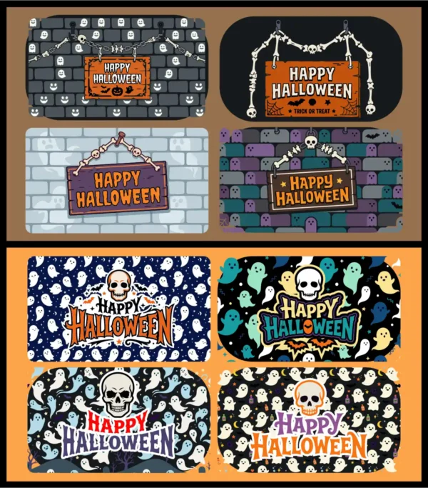 Happy Halloween Banners Set with Witch, Skeleton, Cat, and Ghost Patterns Vector Illustration for Party Decor, Social Media, and Web Designs - 01