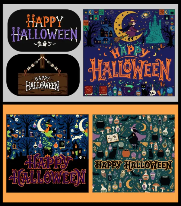 Happy Halloween Banners Set with Witch, Skeleton, Cat, and Ghost Patterns Vector Illustration for Party Decor, Social Media, and Web Designs - 02