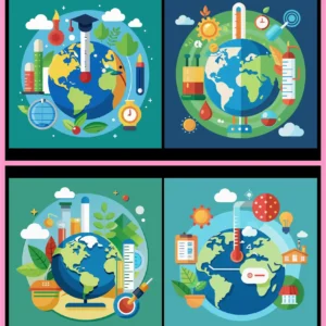 Global Quality Education and Climate Science Vector Set with Earth Globe Thermometer and Eco Learning Icons