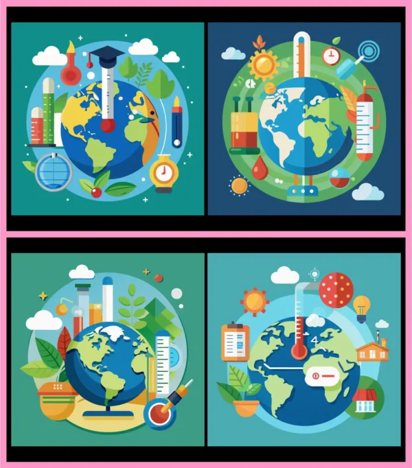 Global Quality Education and Climate Science Vector Set with Earth Globe Thermometer and Eco Learning Icons