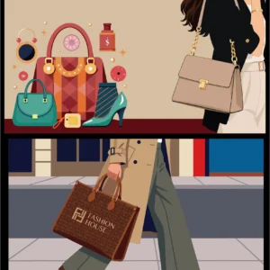 Fashion Designer Woman Carrying Brown Leather Tote Handbag with Sketchbook City Street Studio Vector Illustration