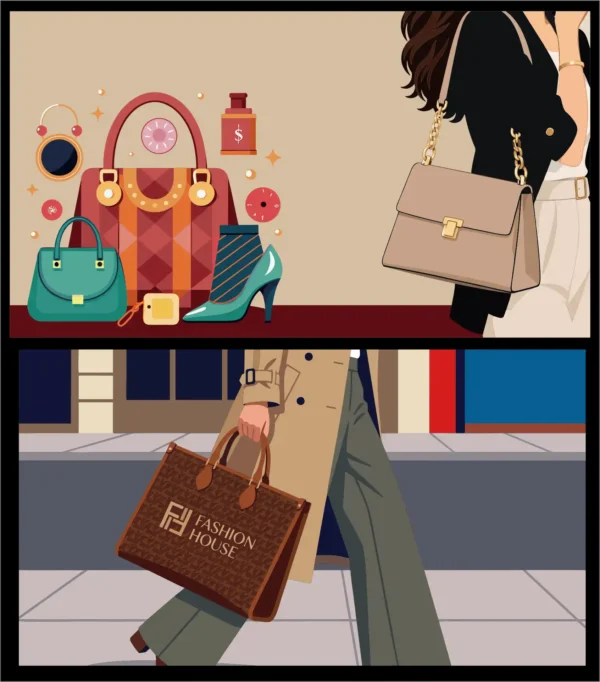Fashion Designer Woman Carrying Brown Leather Tote Handbag with Sketchbook City Street Studio Vector Illustration