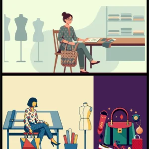 Fashion Designer Woman Working in Studio Atelier with Patterned Handbag Sketchbook and Mannequins Vector Illustration