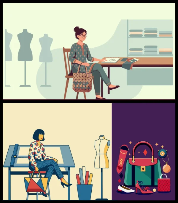 Fashion Designer Woman Working in Studio Atelier with Patterned Handbag Sketchbook and Mannequins Vector Illustration