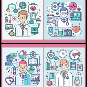 Healthcare and Medical Service Vector Illustration Set with Male Doctor Heartbeat ECG Stethoscope and Hospital Icons