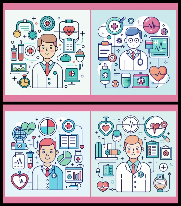 Healthcare and Medical Service Vector Illustration Set with Male Doctor Heartbeat ECG Stethoscope and Hospital Icons